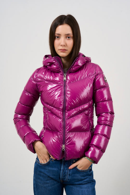 Purple women's down jacket with hood - 1