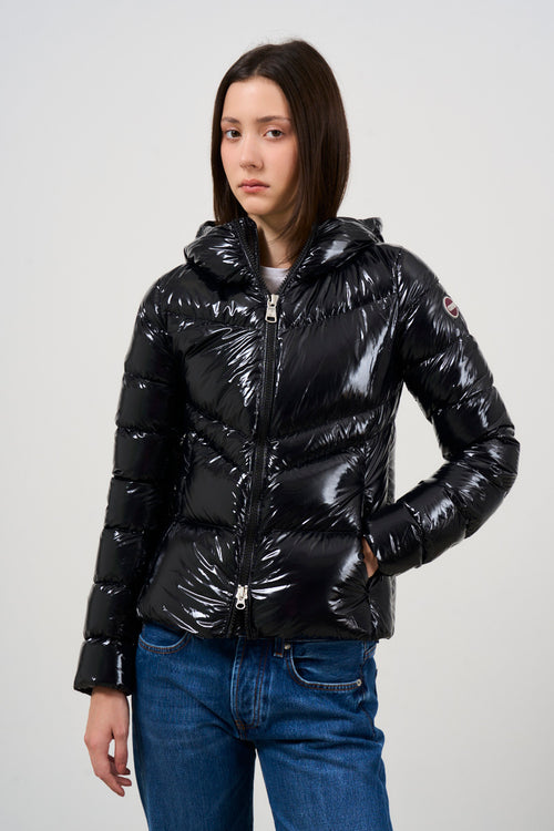 Women's black down jacket with hood