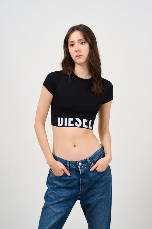 Crop top donna nero dettaglio fascia con logo