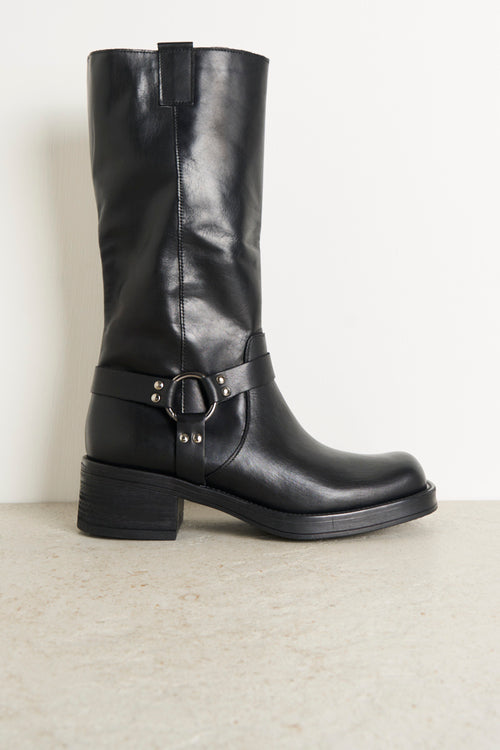 Black women's boot with silver buckle detail