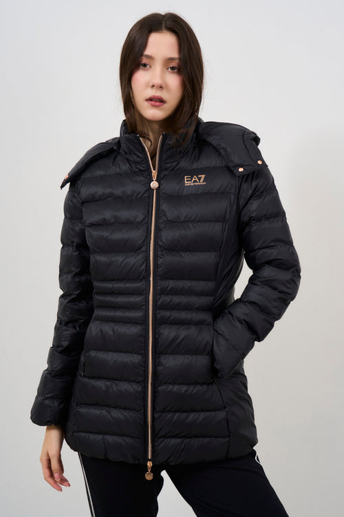 Women's black down jacket with hood