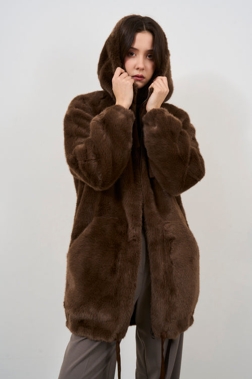 Women's brown hooded faux fur coat - 2