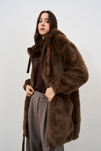 Women's brown hooded faux fur coat - 3