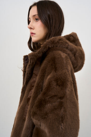 Women's brown hooded faux fur coat - 4