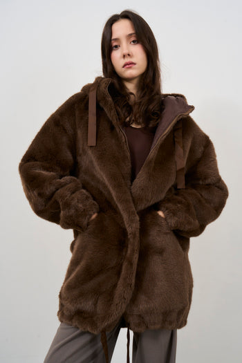 Women's brown hooded faux fur coat - 5