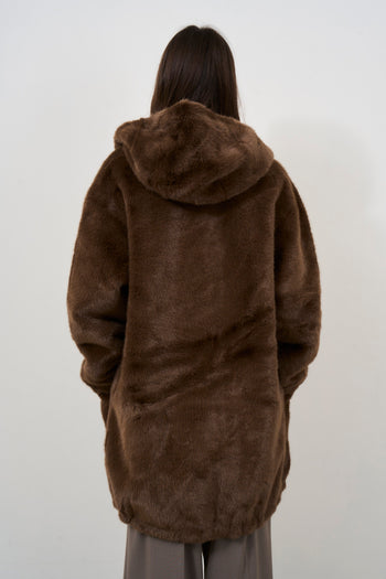 Women's brown hooded faux fur coat - 6