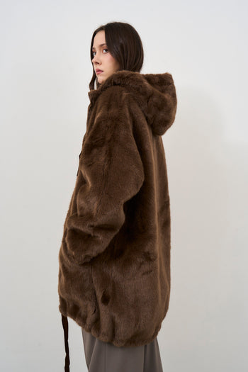 Women's brown hooded faux fur coat - 7