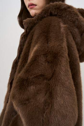 Women's brown hooded faux fur coat - 8