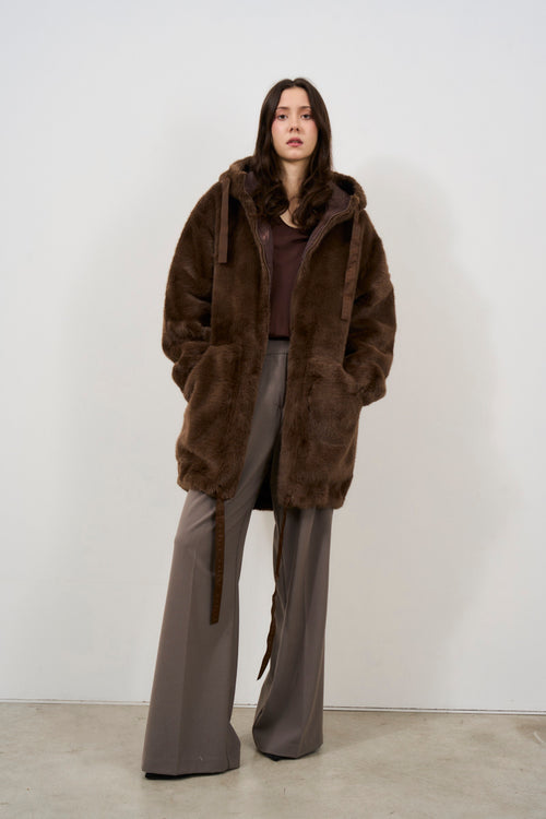 Women's brown hooded faux fur coat - 1