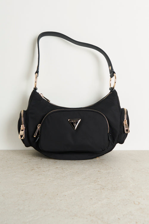 Black shoulder bag with external pockets