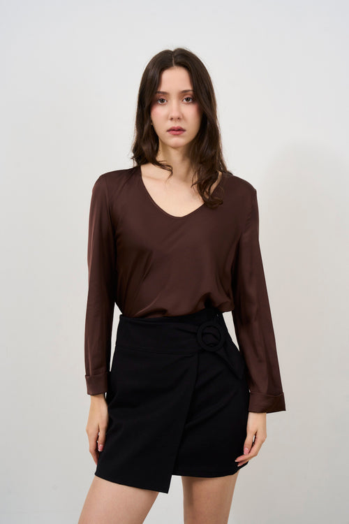 Blusa donna marrone scollo a V