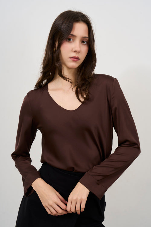 Blusa donna marrone scollo a V - 2