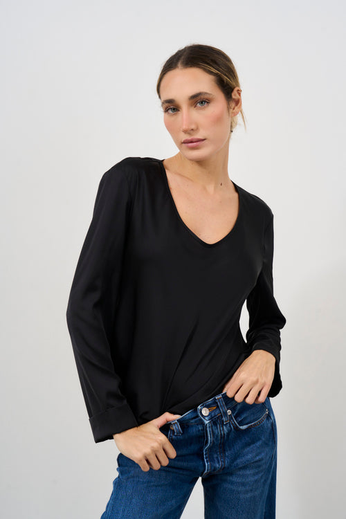 Blusa donna nero scollo a V - 1