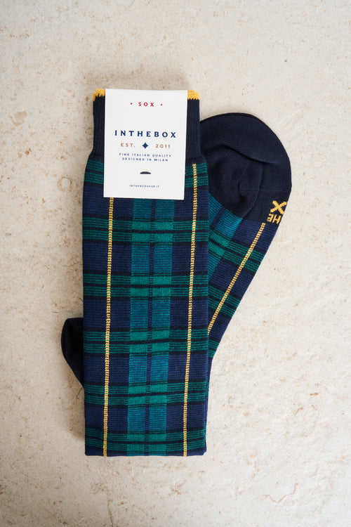 Blue and yellow tartan men's socks