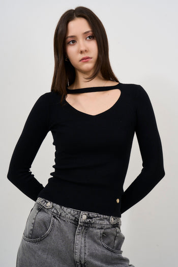 Maglia donna nera con dettaglio cut out - 3