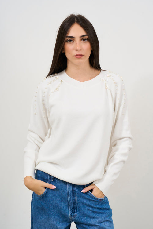 Maglia donna panna con applicazione perle