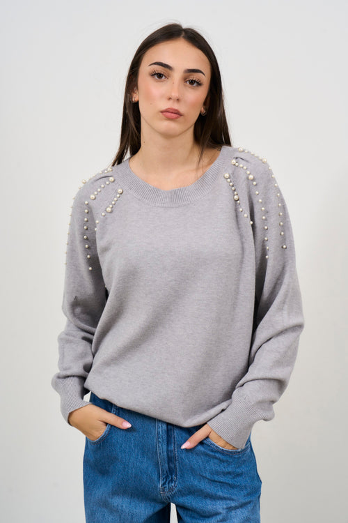 Maglia donna grigia con applicazione perle - 1