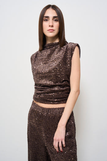 Top donna marrone con paillettes - 3