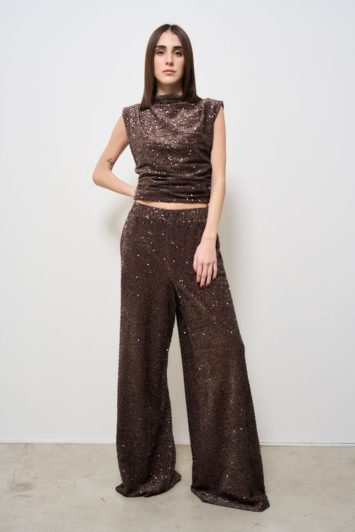 Top donna marrone con paillettes