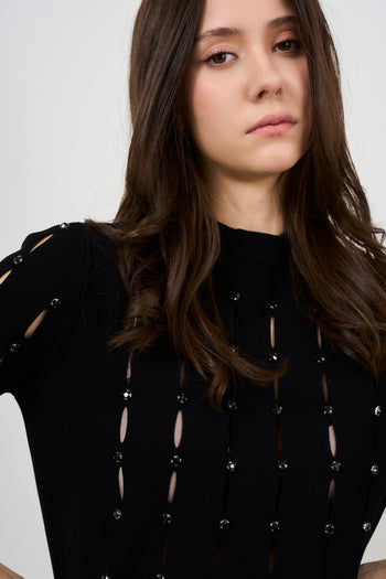 Maglia donna nera traforata con dettaglio strass - 3