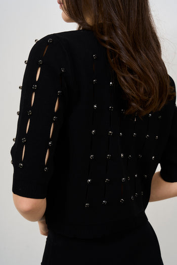 Maglia donna nera traforata con dettaglio strass - 6