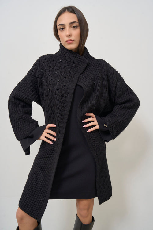 Women's black coat in high neck knit - 2