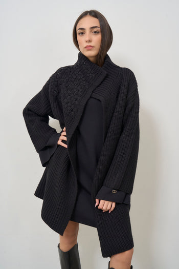 Women's black coat in high neck knit - 5