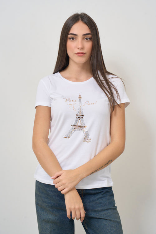 T-shirt donna bianca con stampa Parigi