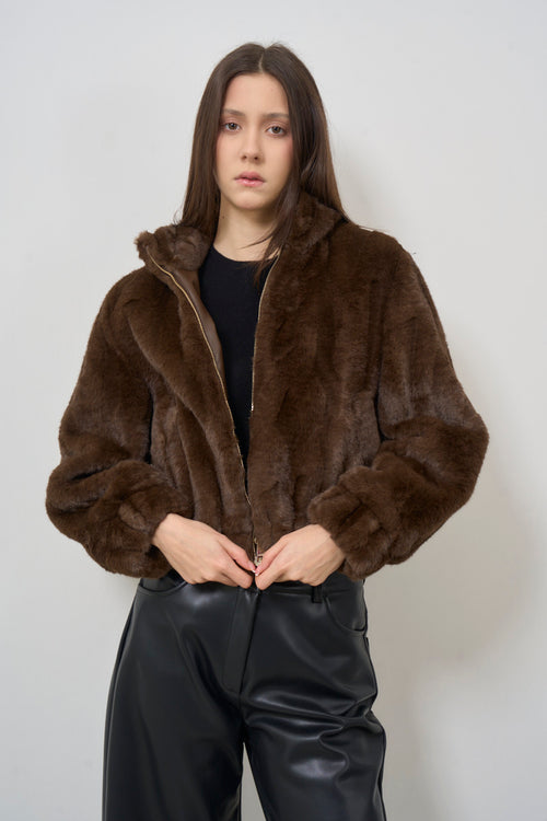 Brown knitted and faux fur jacket - 2