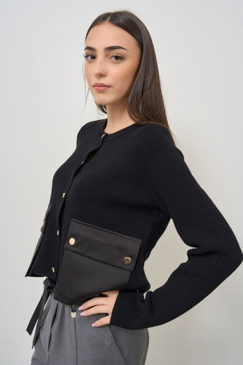 Cardigan donna nero con tasche applicate - 2