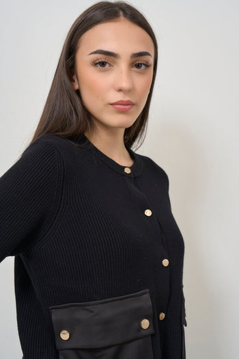 Cardigan donna nero con tasche applicate - 3