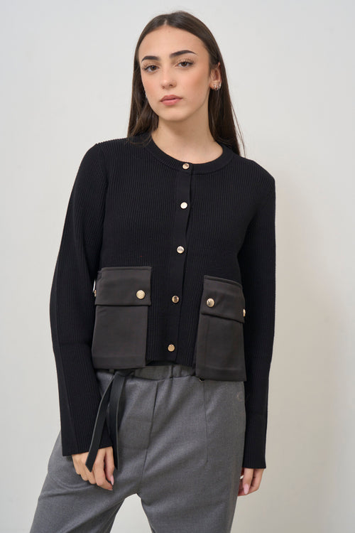 Cardigan donna nero con tasche applicate