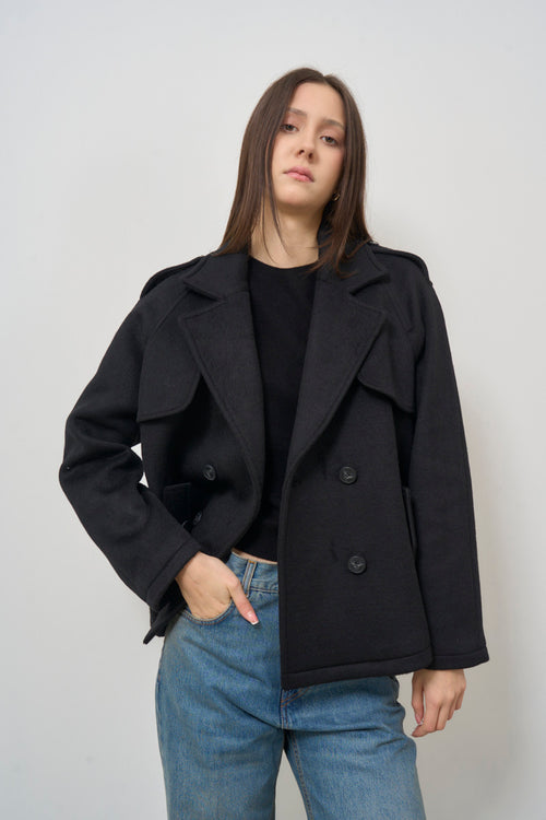 Women's black double-breasted short coat