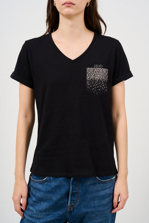 T-shirt donna nera scollo a V