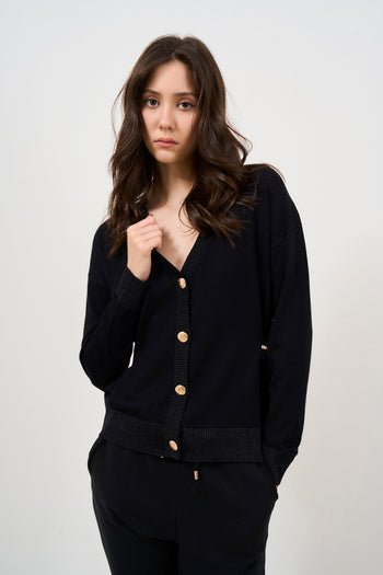 Cardigan donna nero con bottoni oro - 3