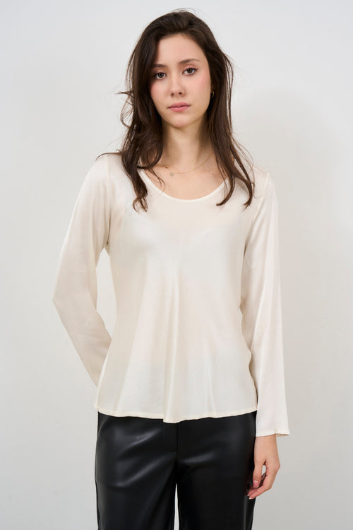 Women's cream crew neck blouse - 1