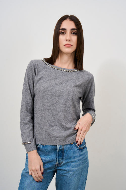 Women's grey crew neck sweater with swaroski detail