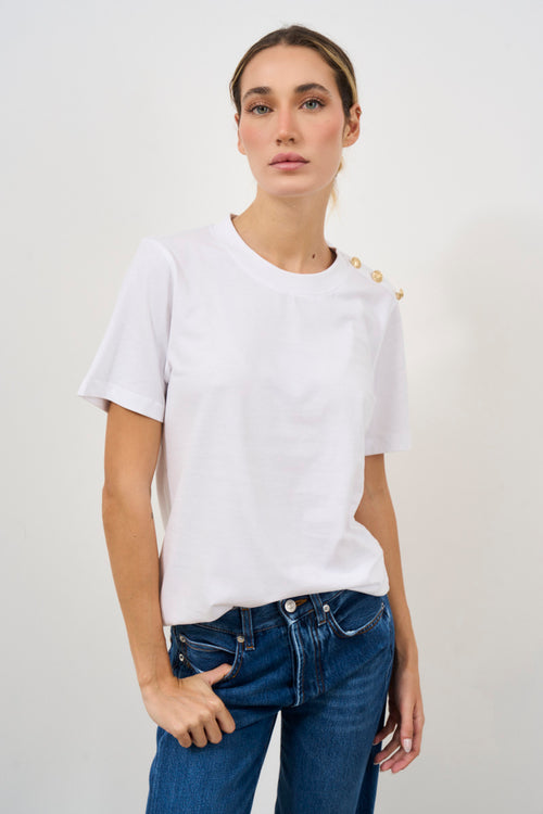 White women's t-shirt with gold buttons