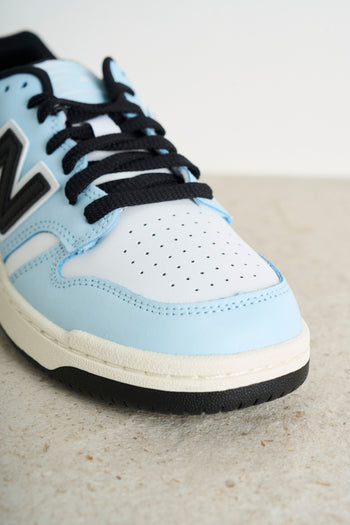 Women's sneakers in light blue and black leather - 5