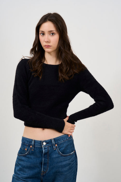 Black mohair effect crew neck sweater