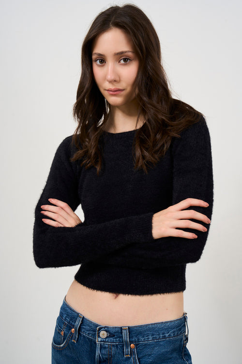 Pullover girocollo effetto mohair di colore nero - 2