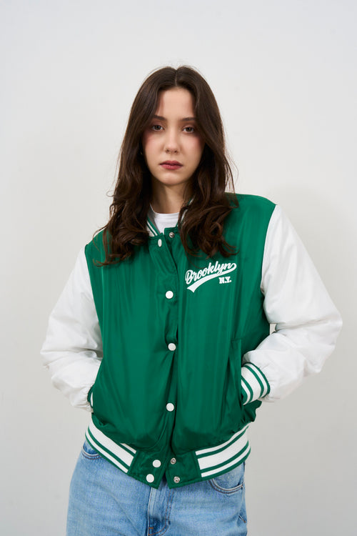 Green and white women's bomber jacket - 2