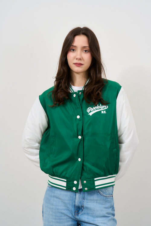 Green and white women's bomber jacket