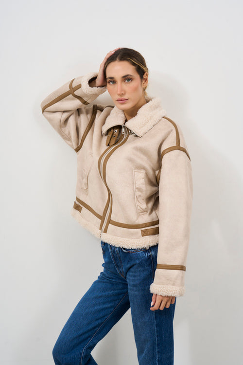 Beige women's jacket with faux sheepskin details