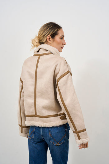 Beige women's jacket with faux sheepskin details - 4