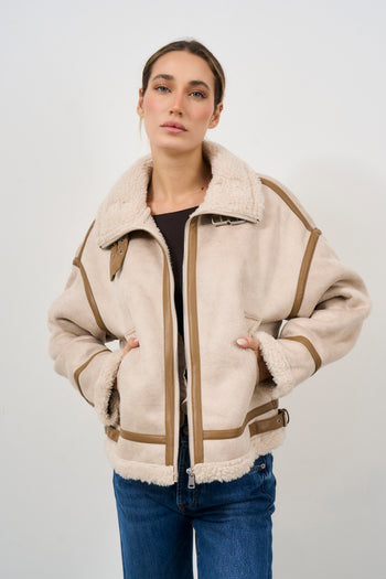 Beige women's jacket with faux sheepskin details - 6