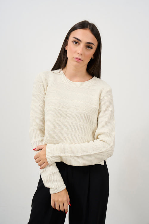 Women's white crew neck sweater with bow on the sides