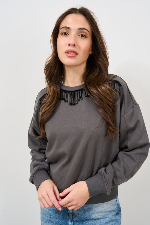 Women's sweatshirt anthracite grey pearl detail - 2