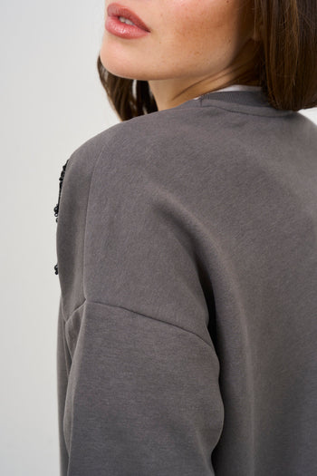 Women's sweatshirt anthracite grey pearl detail - 6