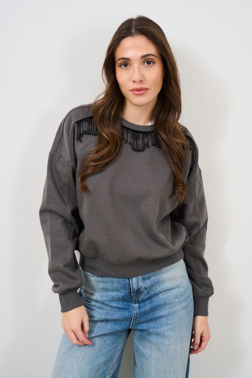 Women's sweatshirt anthracite grey pearl detail